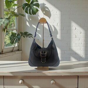 Michael Kors Black Leather Hobo Shoulder Bag Studded Buckle Gold Tone Hardware